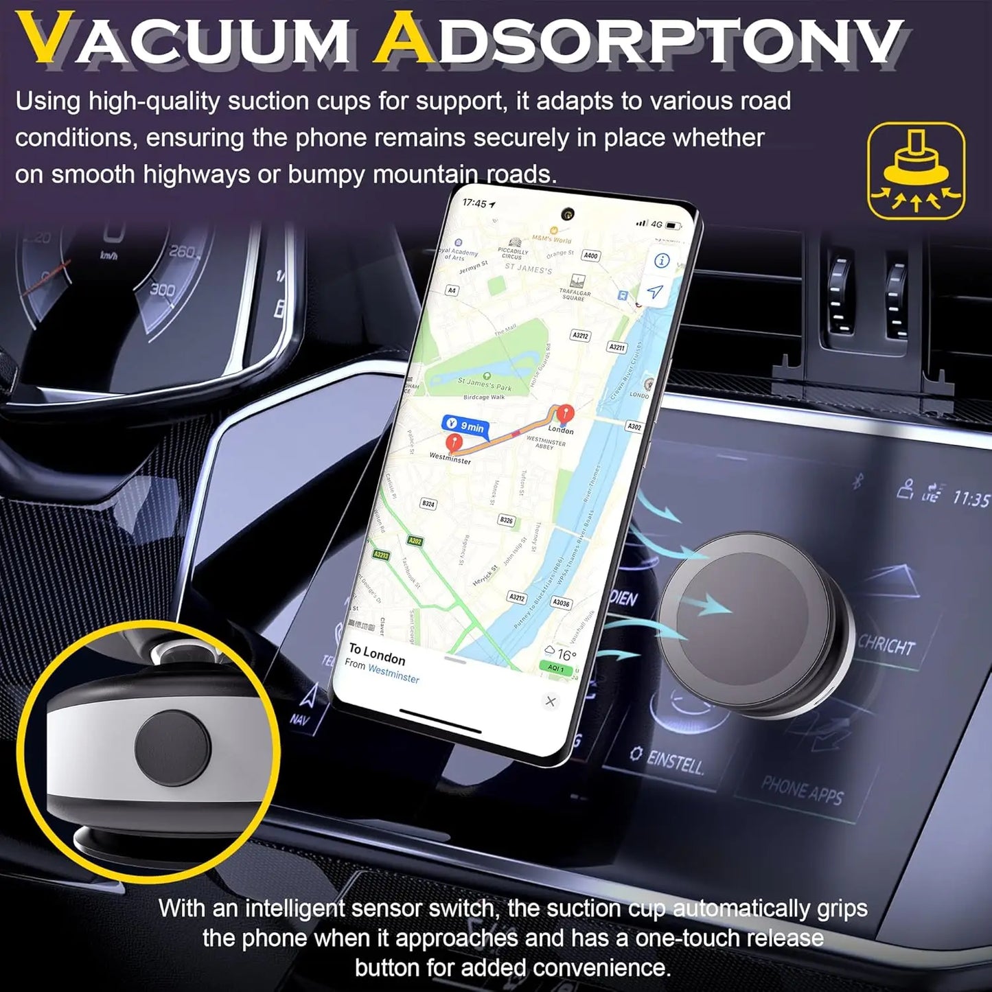 Electric Vacuum Magnetic Car Mount Stand for Cell Phone 360° for iPhone 14 15 16