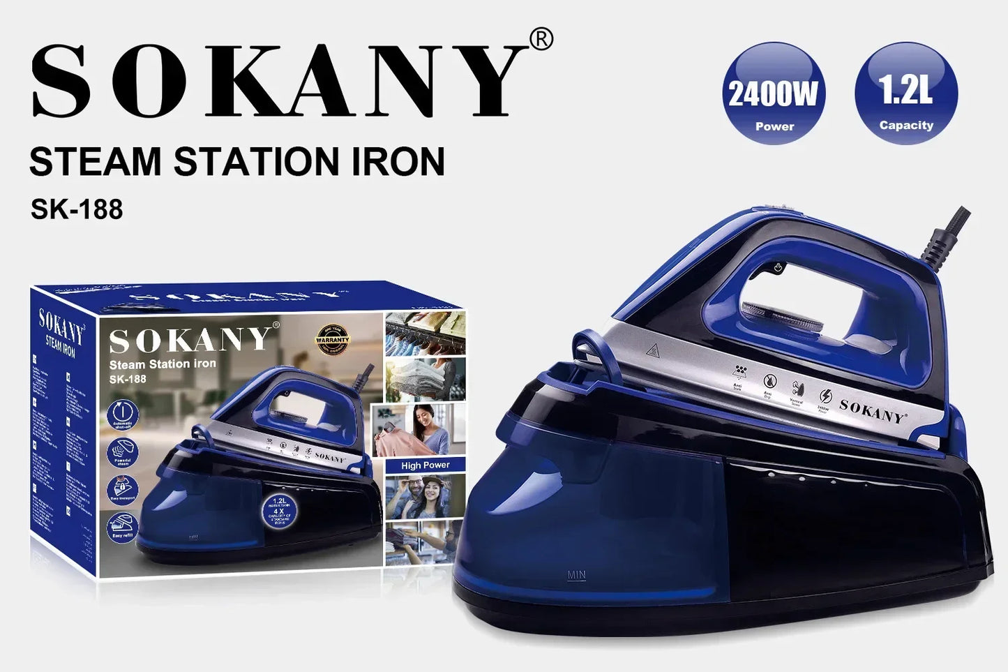 Steam Iron Ceramic Soleplate Professional Steam Station for Clothes 1.2 Liter Removable Tank 2400 Watts Ironing, Fabric Steamer